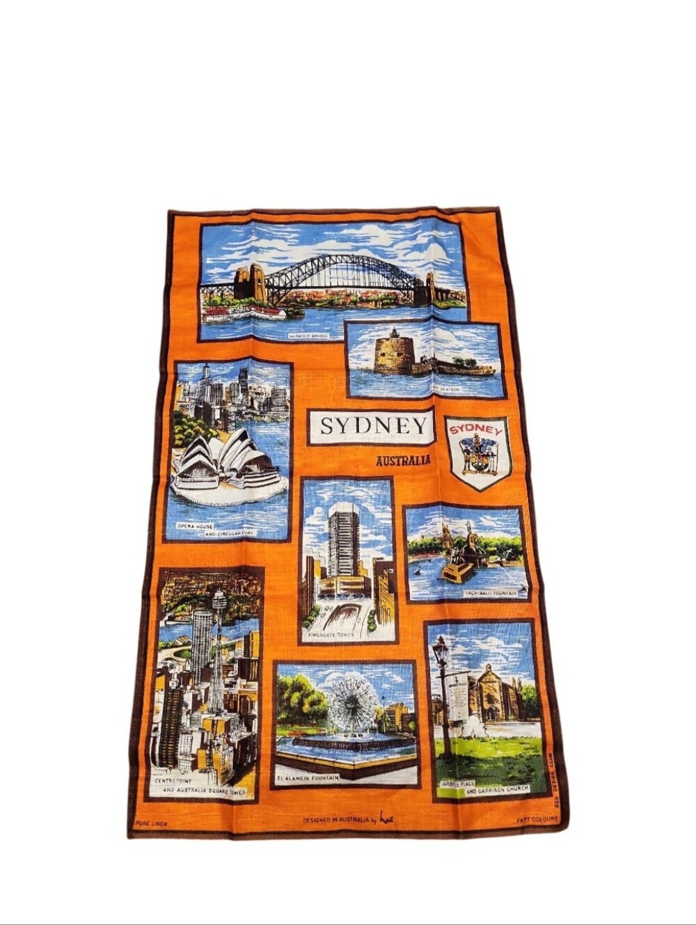 Vintage Sydney Australia Orange Landmark Souvenir 100% Linen Tea Towel